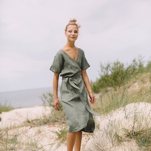 Mimosa pine green dress Maternity dress Wrap linen dress Oversized linen dress Summer dress Linen dress Pine green linen dress image 1