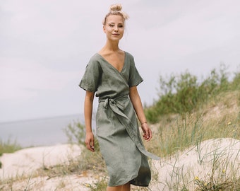 Mimosa pine green dress - Maternity dress - Wrap linen dress - Oversized linen dress - Summer dress - Linen dress - Pine green linen dress