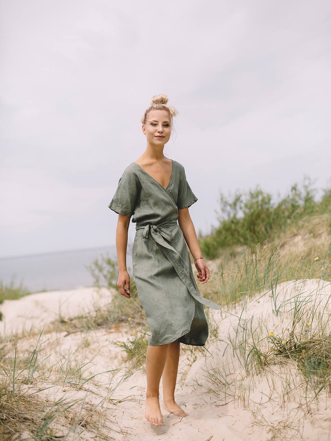 Mimosa Pine Green Dress - Maternity Dress - Wrap Linen Dress