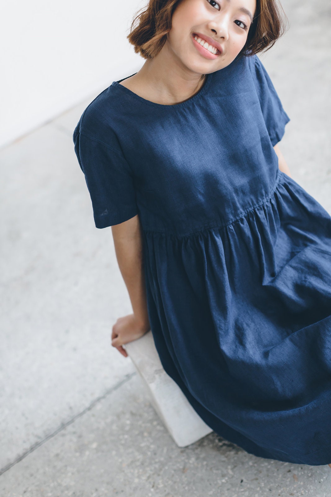 knee length dresses for ladies Tailored Navy Linen Shift Dress