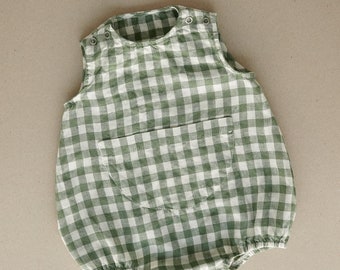 Unisex gingham linen baby romper with pocket