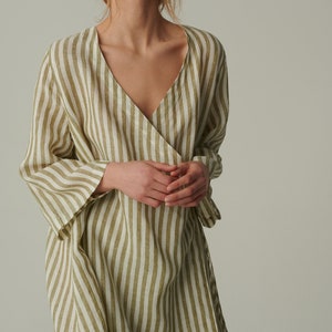 Ready to ship - Junko olive stripes linen dress - Wrap linen dress - Maternity linen dress - Oversized linen dress - Summer dress image 3