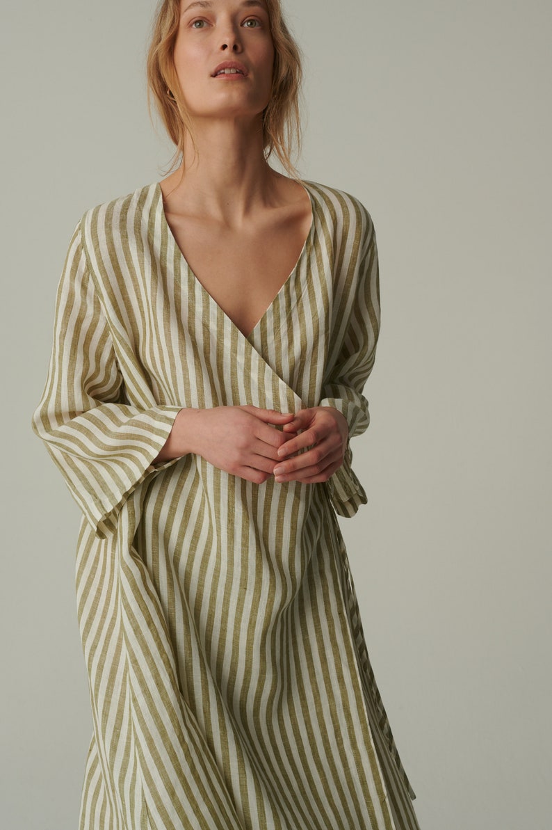 Ready to ship - Junko olive stripes linen dress - Wrap linen dress - Maternity linen dress - Oversized linen dress - Summer dress image 3