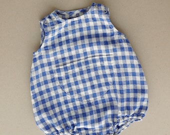 Unisex gingham linen baby romper with pocket