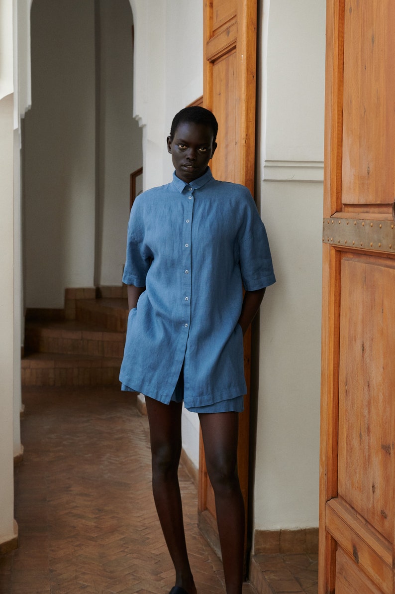 Viola stellar blue linen shirt - Oversized linen shirt - Summer linen shirt image 1