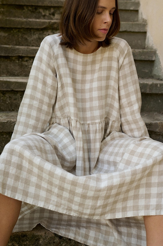 beige and white gingham dress Ready to Ship - Margo Natural Grey Linen - Linen Dress - Long Linen Dress - Fall Linen Dress - Maxi Linen Dress tank silhouette Maxi length SML Radiana Women's Fashion Elegant COLOR:Dark Navy