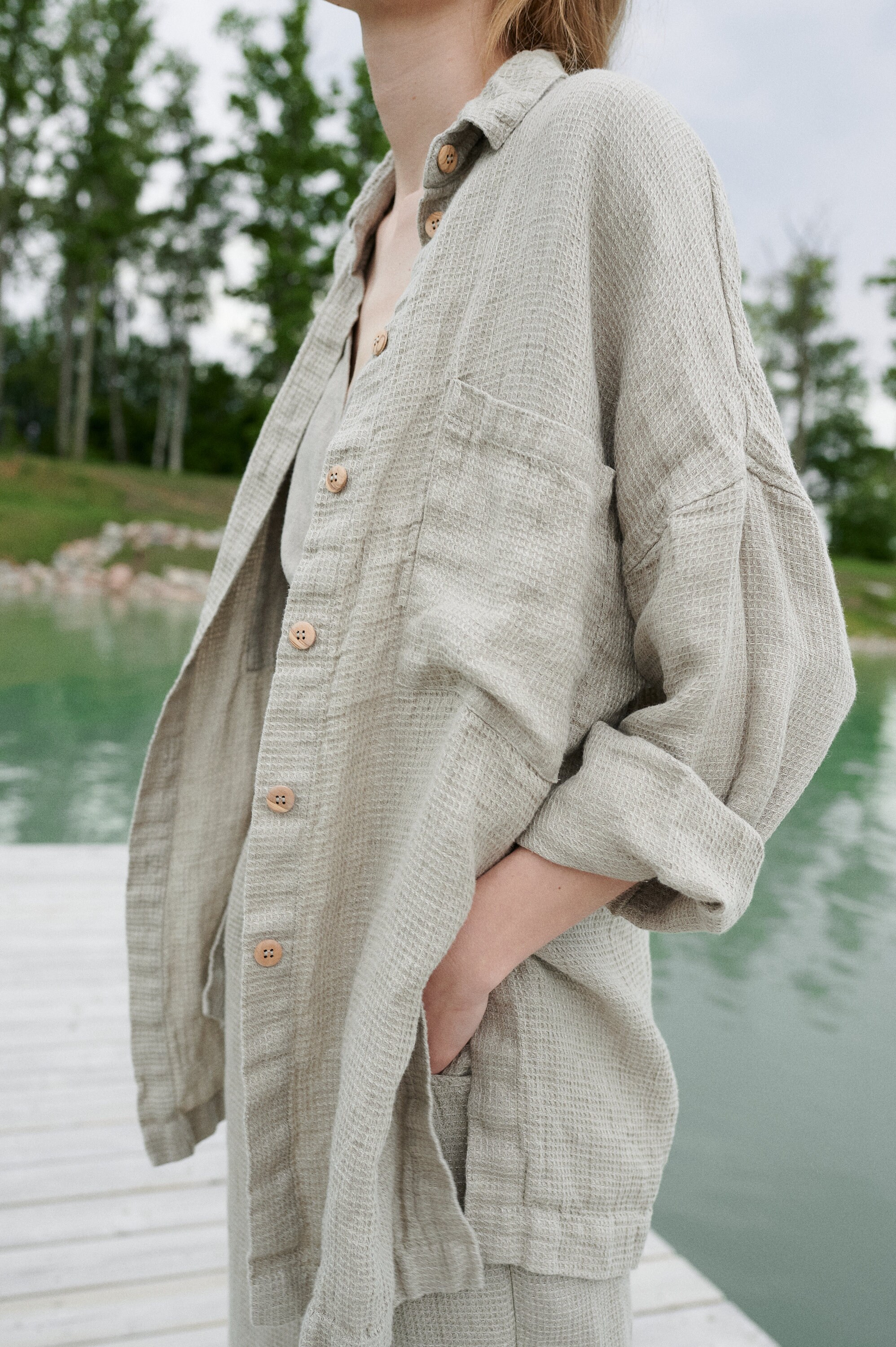Ready to Ship - Vika Natural Grey Waffle Shirt - Oversized Linen