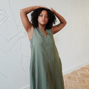 Rue pine green dress - Deep V neck dress - Maxi linen dress - Long linen dress - Black linen dress