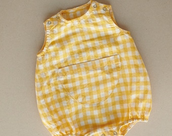 Unisex gingham linen baby romper with pocket