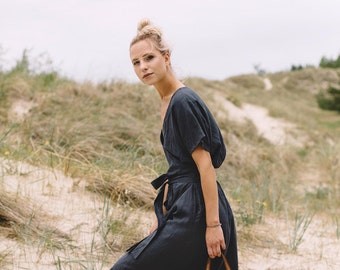 Ready to ship/ Loose wrap linen dress / Maternity linen dress / Linen dress / Graphite grey linen dress