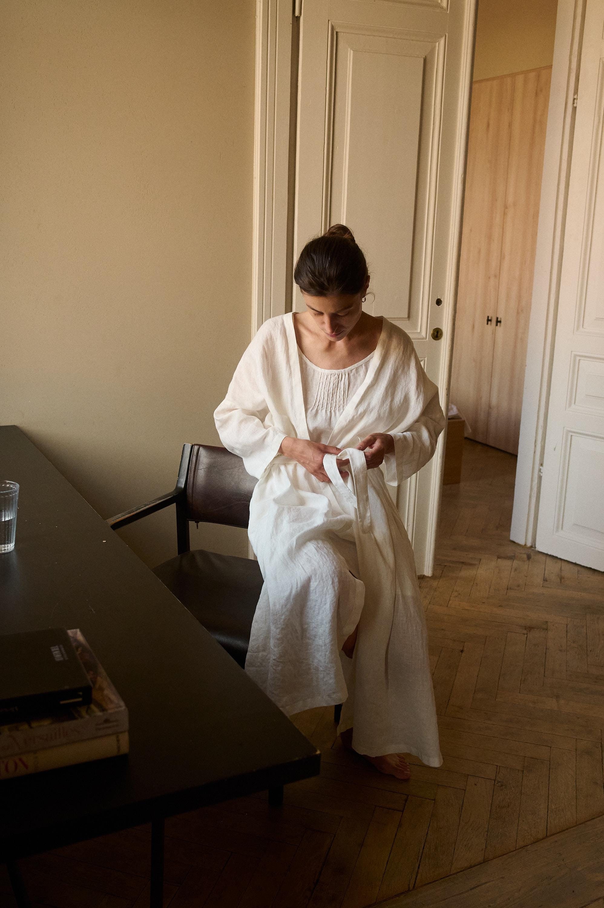Long linen robe - Lightweight linen - Bathrobe - Linen robe - White bathrobe - Milky white linen