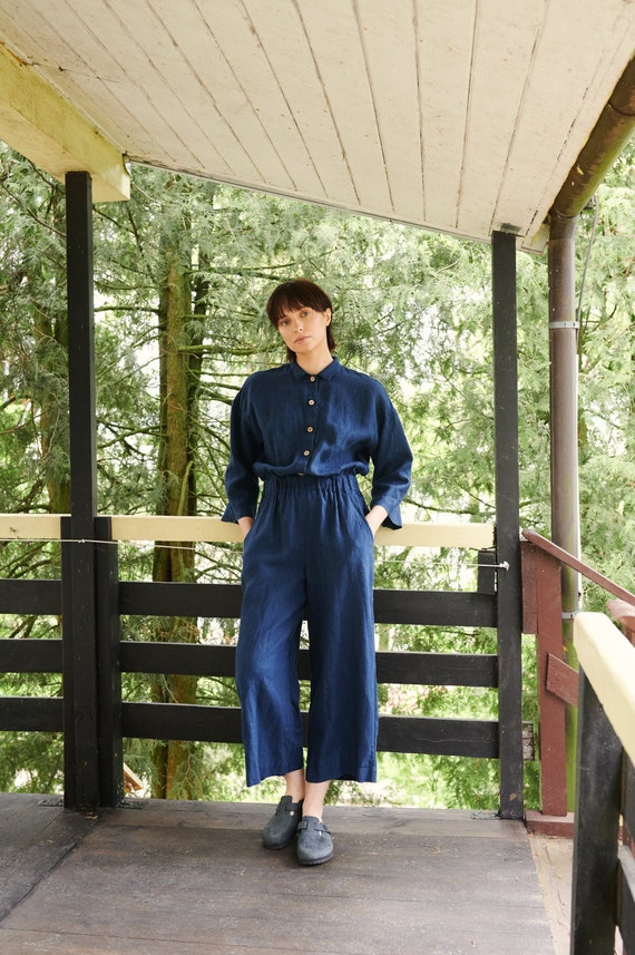 Work Navy Blue Jumpsuit Linen Jumpsuit Loose Linen Jumpsuit Linen Overall  Linen Women Romper Linen Clothes Work Linen Jumpsuit - Etsy