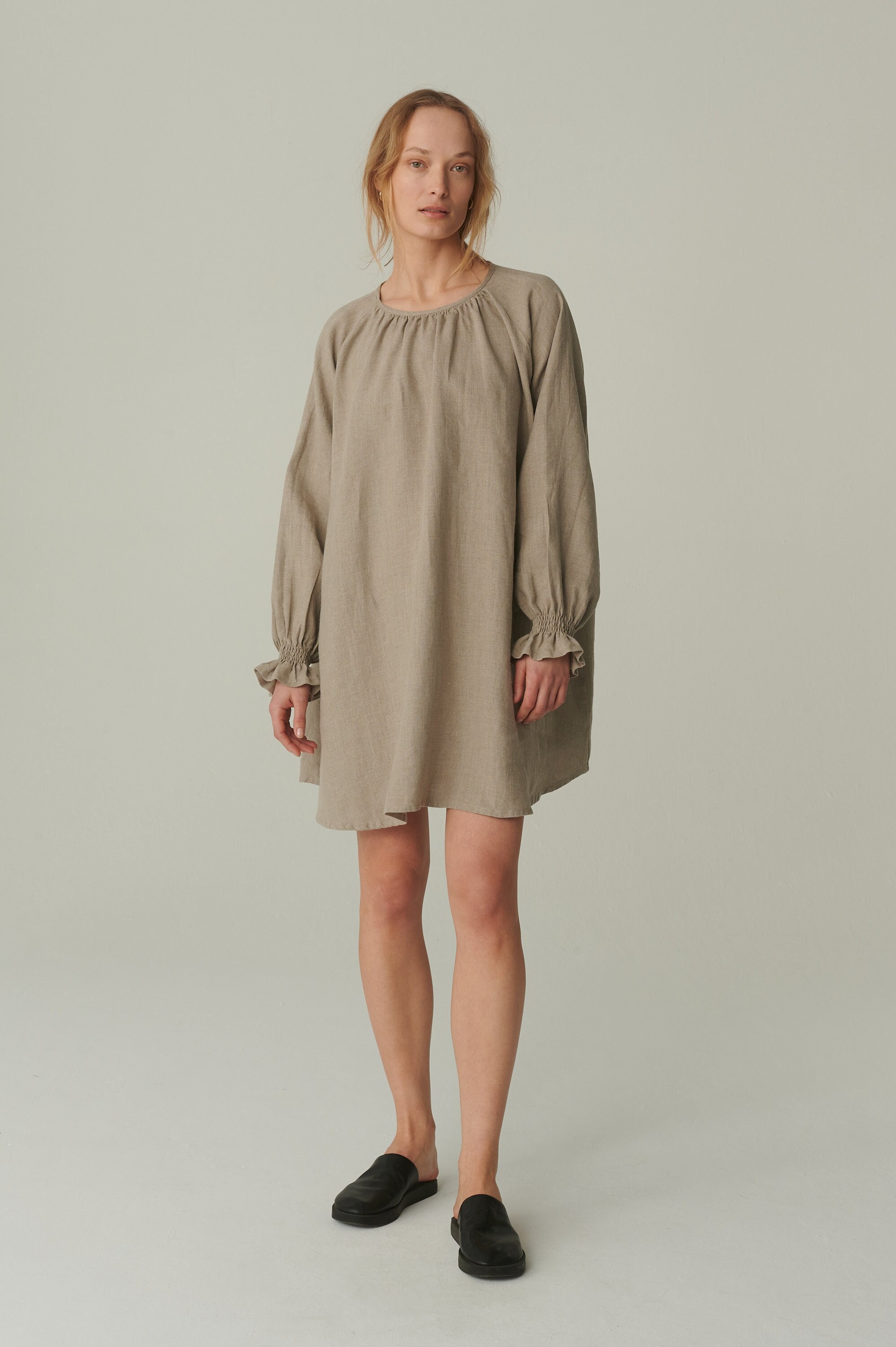 Agata Natural Grey Linen Dress - Oversized Balloon Sleeved Summer Dress- Loose Linen