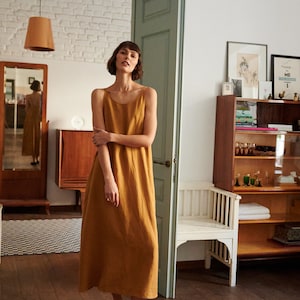 Kristi camel dress - Spaghetti strap linen dress- Linen dress - Long linen dress