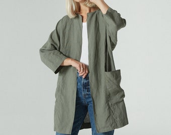 Juniper pine green jacket - Linen jacket - Linen coat - Oversized linen jacket - Linen cardigan - Minimal linen jacket