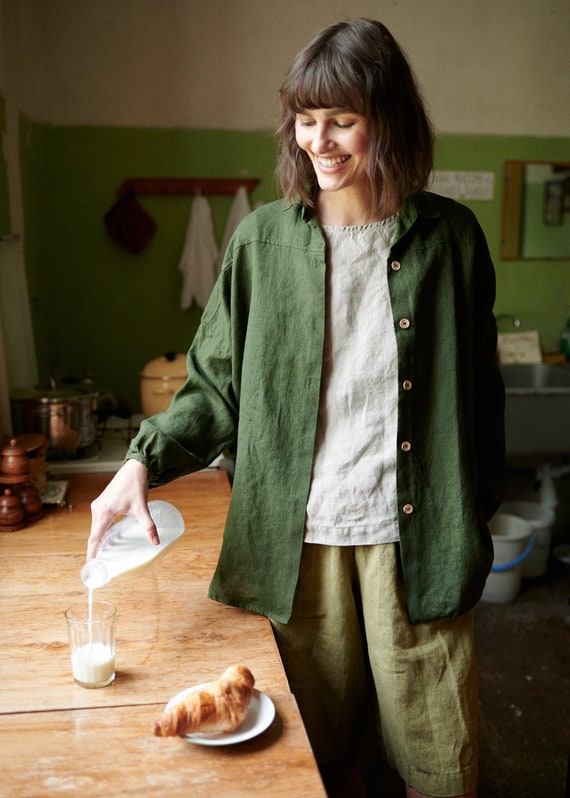 Lyn Forest Green Shirt - Washed Linen Shirt - Linen Shirt