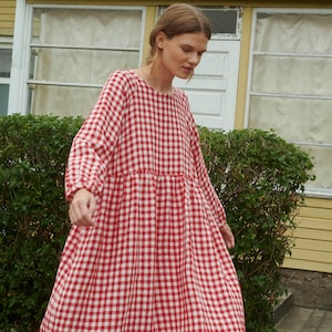 Margo red gingham linen dress - Linen dress - Fall linen dress - Long linen dress
