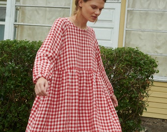 Margo red gingham linen dress - Linen dress - Fall linen dress - Long linen dress