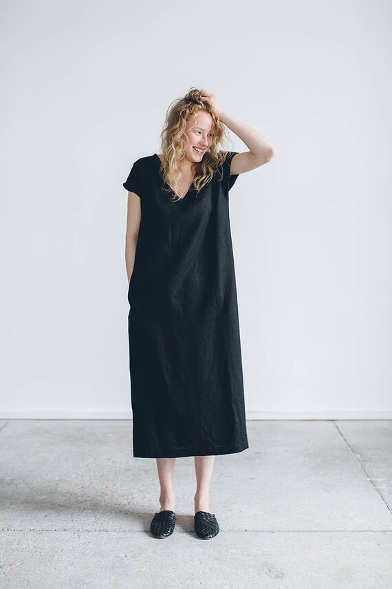 Sonntagskleid Long V Neck Leinenkleid / Schwarzes Kleid / - Etsy