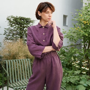 Work eggplant violet jumpsuit - Washed linen jumpsuit - Washed linen overall - Linen overall - Linen romper - Linen clothes