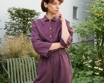 Work eggplant violet jumpsuit - Washed linen jumpsuit - Washed linen overall - Linen overall - Linen romper - Linen clothes