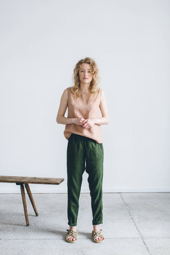 Nova Forest Green Trousers Tapered Linen Pants Linen Trousers Soft Linen  Pants 