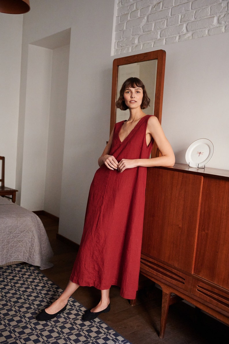 Rue burgundy red dress Deep V neck dress Linen dress Long linen dress image 1