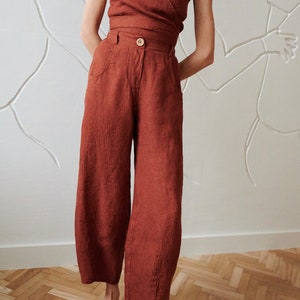 Frankie terracotta waffle linen trousers Barrel linen trousers Washed linen trousers Soft linen linen trousers Linen clothes image 2