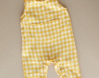 Gingham linen baby jumpsuit with pocket (unisex)