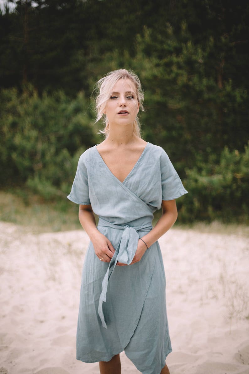 Mimosa sea green dress Wrap linen dress Maternity linen dress Oversized linen dress Summer dress Linen dress image 4