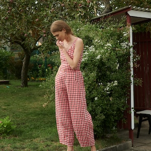 Frankie red gingham linen trousers Linen pants Linen Trousers Gingham Linen Trousers image 6