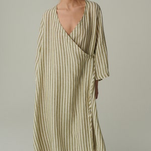 Ready to ship - Junko olive stripes linen dress - Wrap linen dress - Maternity linen dress - Oversized linen dress - Summer dress image 1