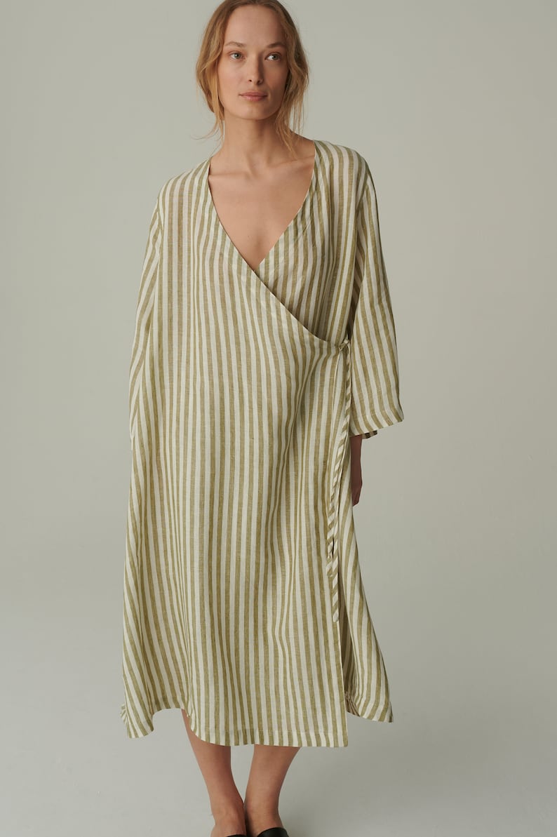 Ready to ship - Junko olive stripes linen dress - Wrap linen dress - Maternity linen dress - Oversized linen dress - Summer dress image 1