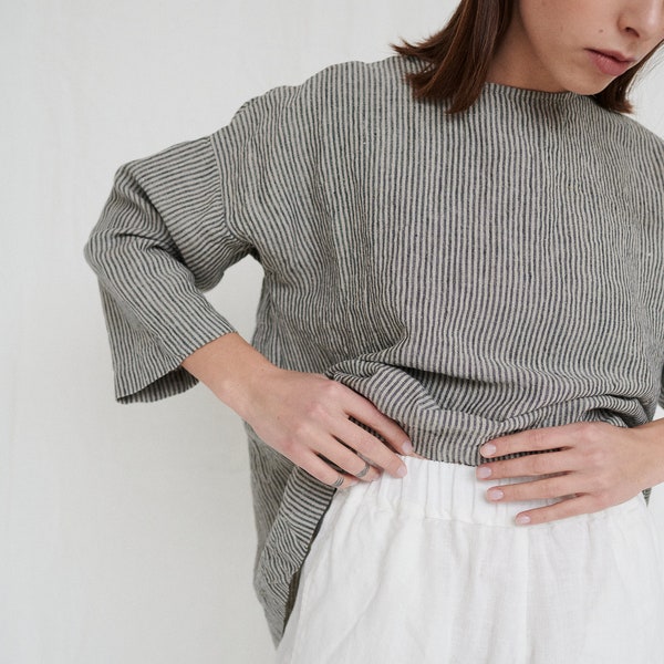 Harper grijze strepen tuniek - Drop schouder blouse - Linnen blouse - Linnen tuniek - Linnen top - Oversized linnen top