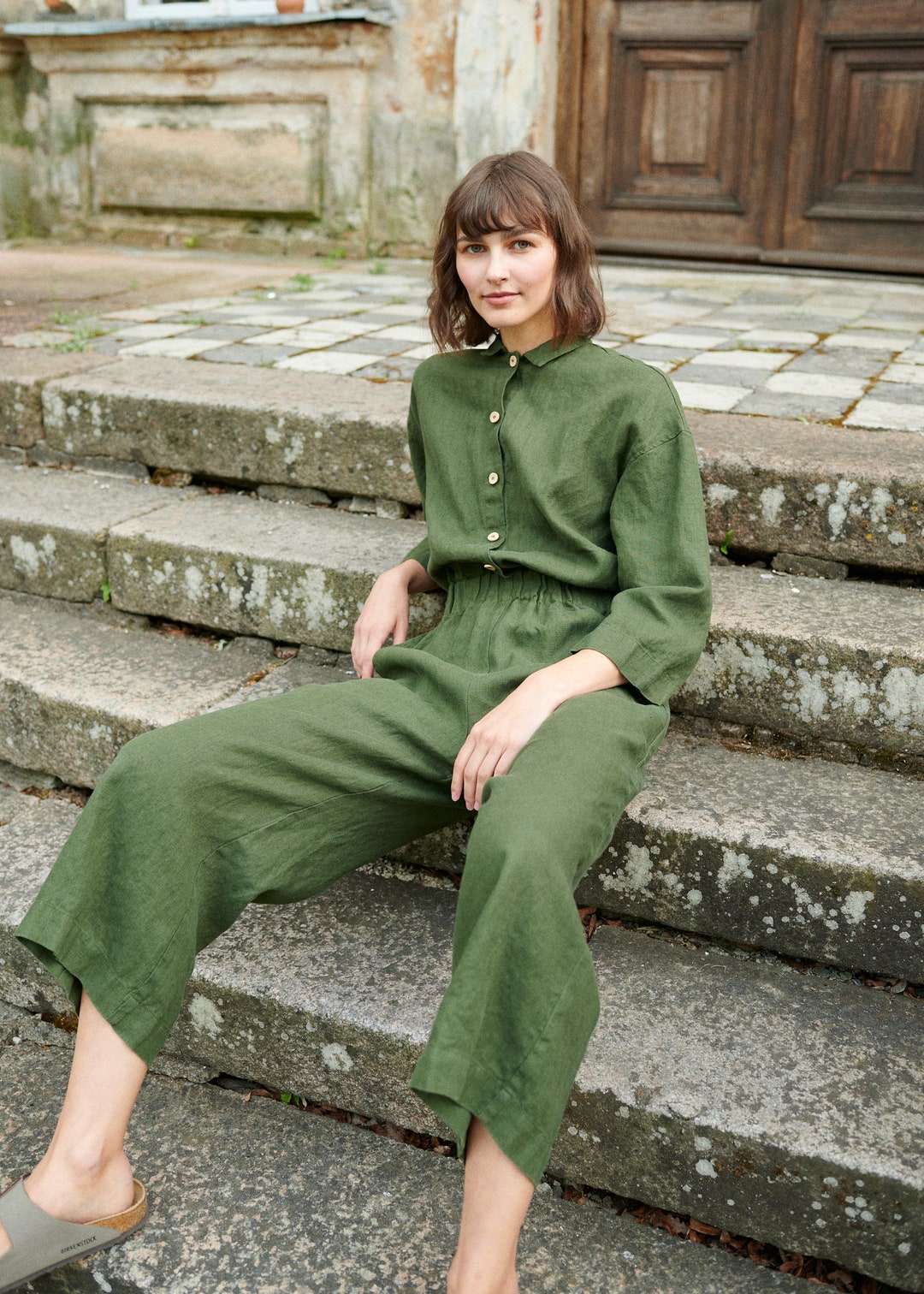 Work Forest Green Jumpsuit - Washed Linen Jumpsuit - Washed Linen