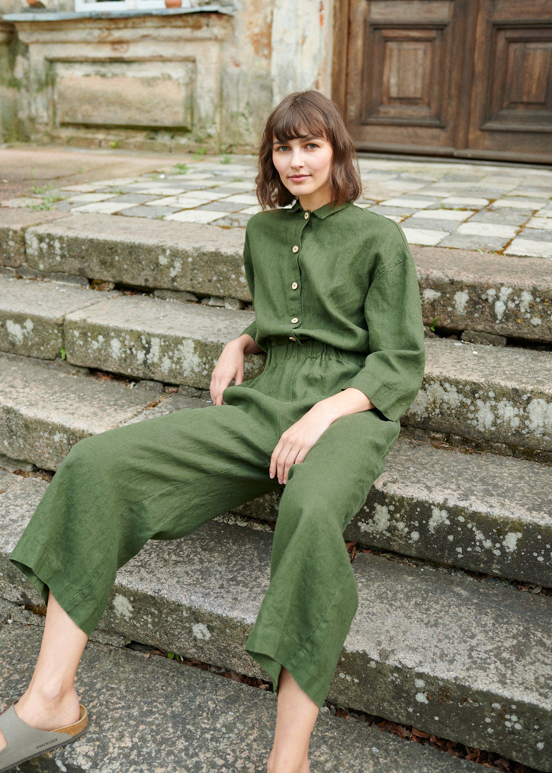 Work Forest Green Jumpsuit Washed Linen Jumpsuit Washed Linen Overall Linen  Overall Linen Romper Linen Clothes 