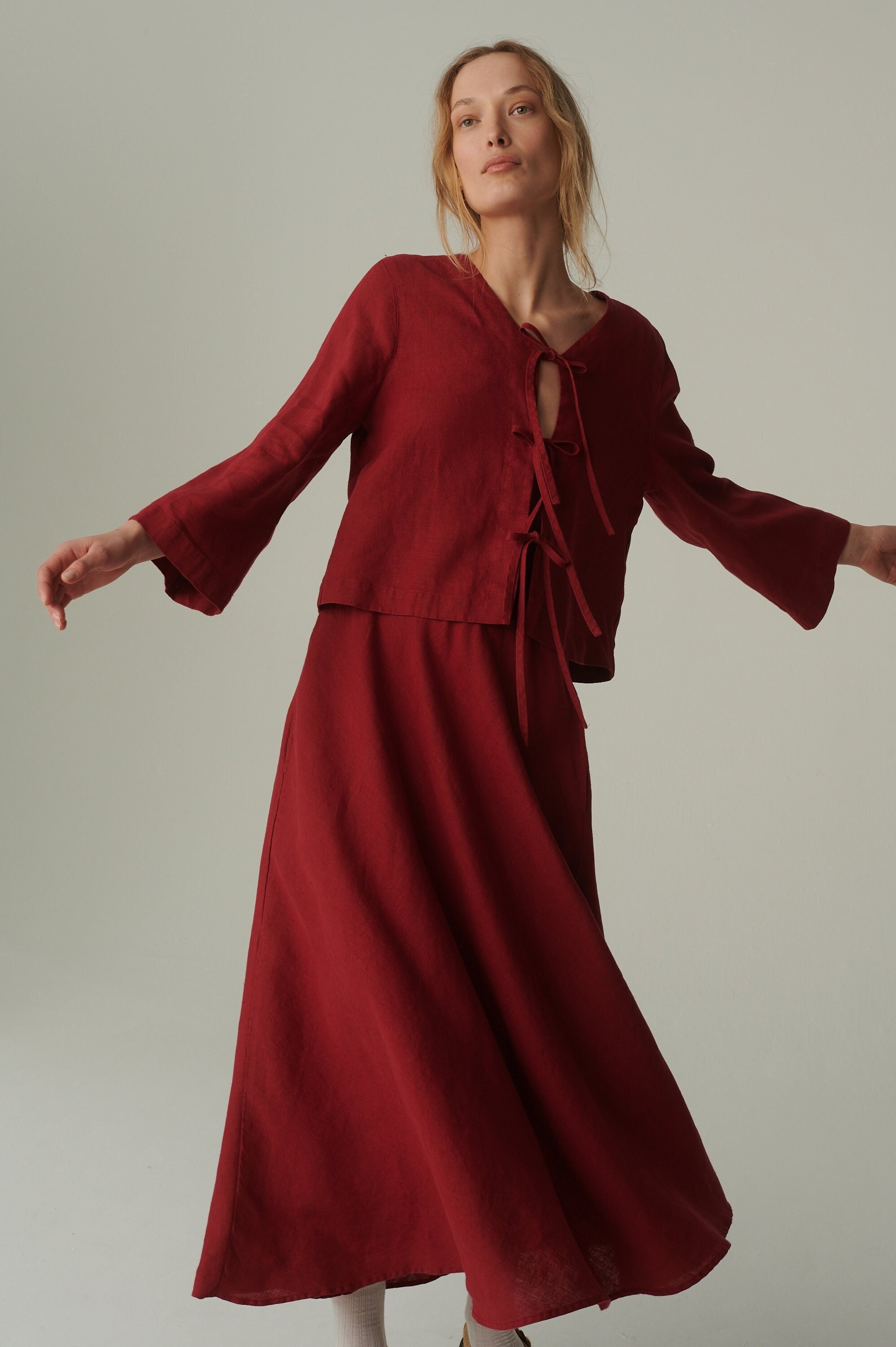 Marina Burgundy Red Linen Top Tie up Front Top Linen Blouse Loose — free download