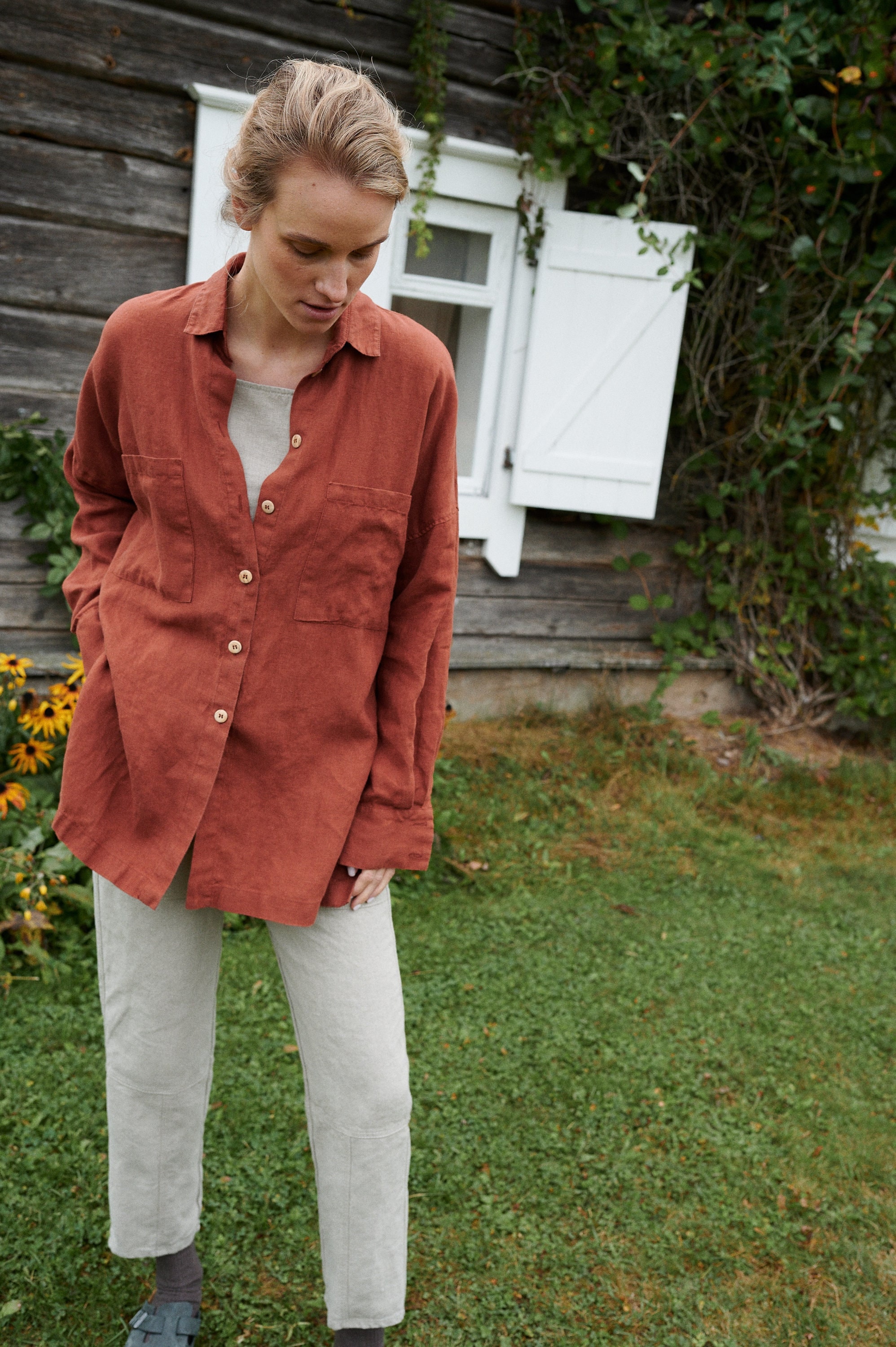 トップス C096  ORIAN Vintage linen shirt Vika Terracotta Shirt - Washed Linen Shirt - Linen Shirt - Drop