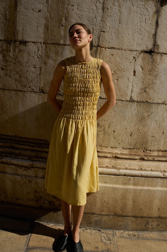 Ready to Ship - Emilija Butter Linen Dress - Sleeveless Dress - Linen Dress - Smocked Bodice Dress - Summer Dress - Midi Dress Ready to Ship - Emilija Butter Linen Dress - Sleeveless Dress - Linen Dress - Smocked Bodice Dress - Summer Dress - Midi Dress