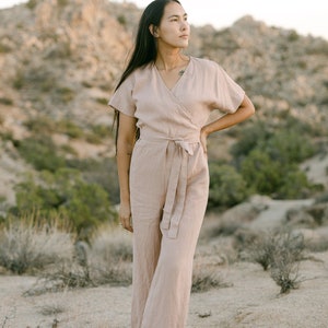 Aimee dusty peach jumpsuit Linen jumpsuit Loose linen Jumpsuit Linen overall Linen women romper Linen clothes Wrap jumpsuit image 2