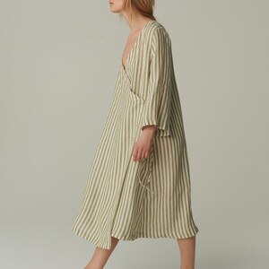 Ready to ship - Junko olive stripes linen dress - Wrap linen dress - Maternity linen dress - Oversized linen dress - Summer dress image 4