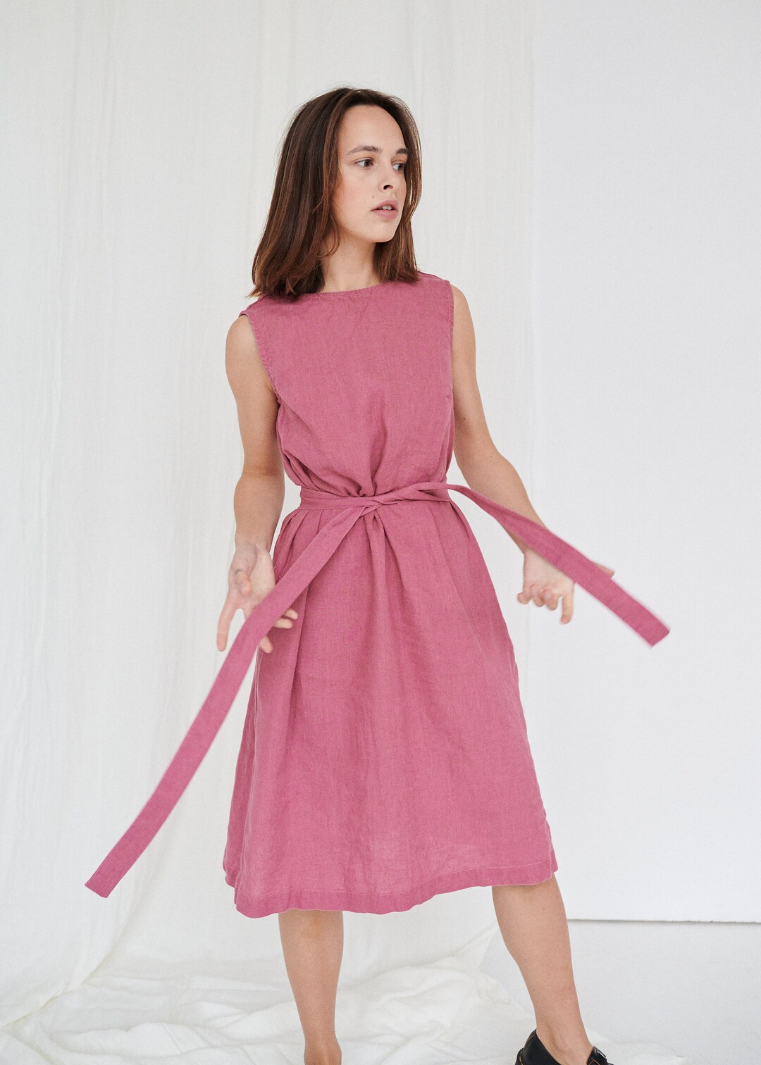 Nida Watermelon Dress Back V Neck Linen Dress Summer Dress Linen Dress ...