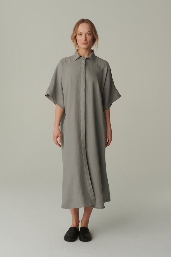 neutral shirt dress Linen Blend Midi Shirt Dress Neutral Summer Dress M