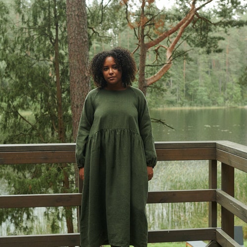 Robe en laine et lin mélangés vert margo - Robe en laine et lin - Robe en lin - Robe en lin oversize - Robe d'hiver