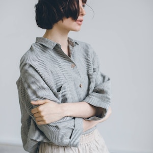 Kay Grey Stripes Shirt - Linen Shirt - Drop Shoulder Shirt