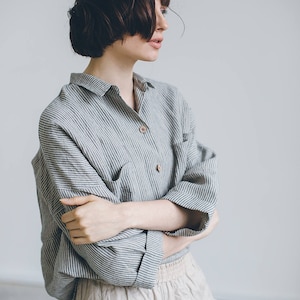 Kay grey stripes shirt - Linen shirt - Drop shoulder shirt - Oversized linen shirt - Washed linen clothes - Linen everyday shirt