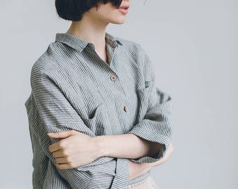 Kay grey stripes shirt - Linen shirt - Drop shoulder shirt - Oversized linen shirt - Washed linen clothes - Linen everyday shirt