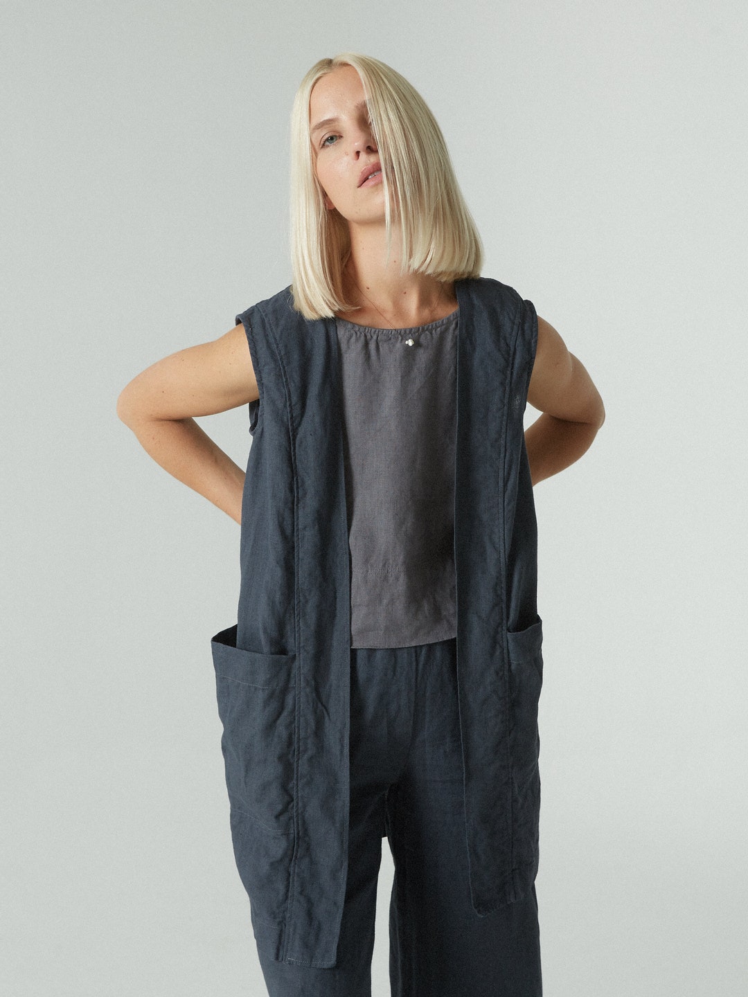 Amber Graphite Grey Vest Linen Vest Linen Jacket Vest Cardigan