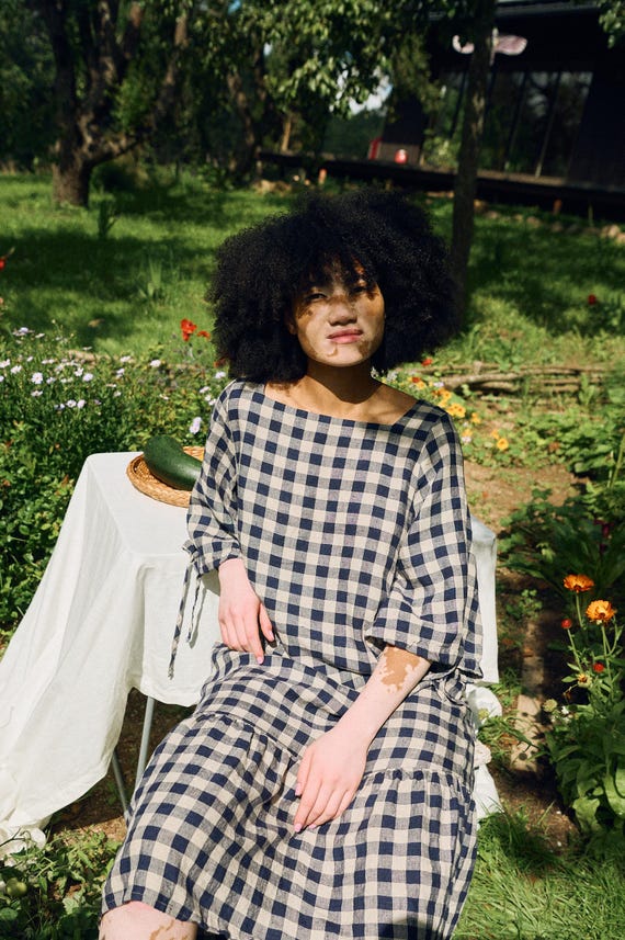 Ready to Ship - Vilte Navy Blue Gingham Linen Dress - Linen Dress