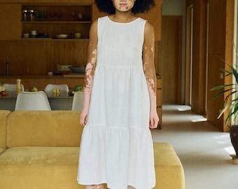 Vestido Amalie de lino blanco lechoso - Vestido casual - Vestido con volantes - Vestido de lino - Vestido de corte A - Vestido de verano - Vestido sin mangas -